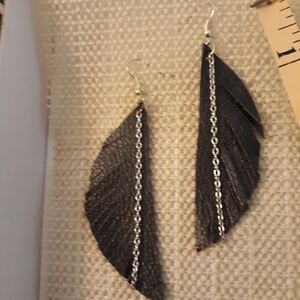 Genuine Navy Feathered Leather with Chain Earrings